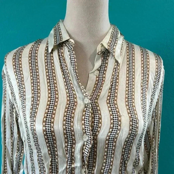 NWT Zara White Yellow Print Striped Long Sleeve Button-Down Shirt Size XS - Picture 3 of 6